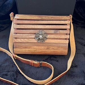 Wood Slat Crossbody Bag with Floral Accent - Brown